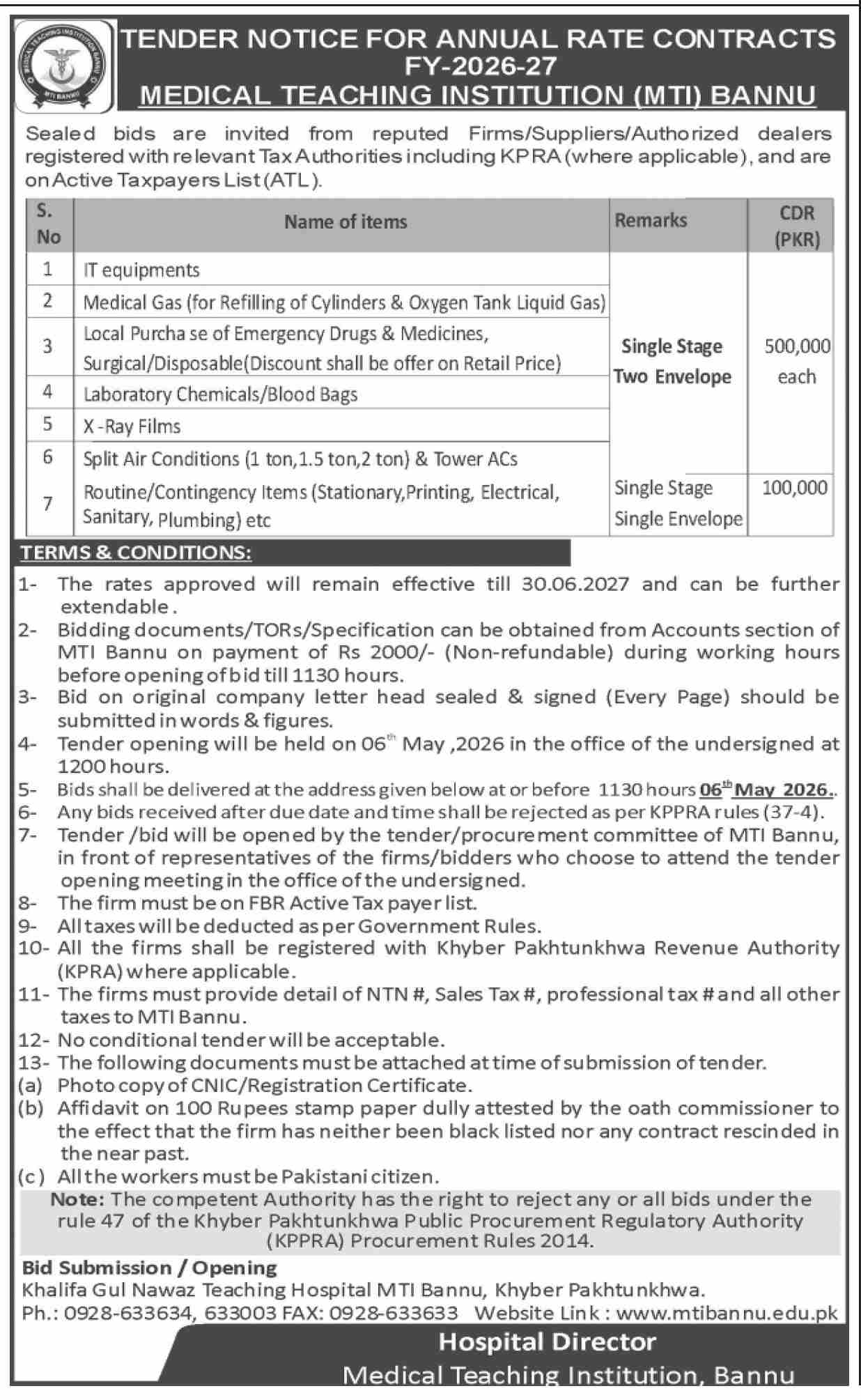 Annual Rate Contracts FY-2026-27 for Multiple Items - Medical Teaching Institution (MTI) Bannu